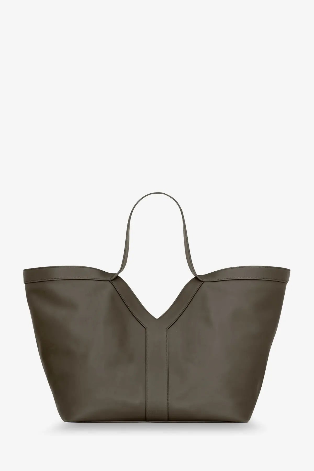 Saint Laurent women’s olive green leather tote bag with v-shaped front seam and slender handles for shoulder use