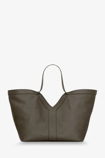 Saint Laurent women’s olive green leather tote bag with v-shaped front seam and slender handles for shoulder use