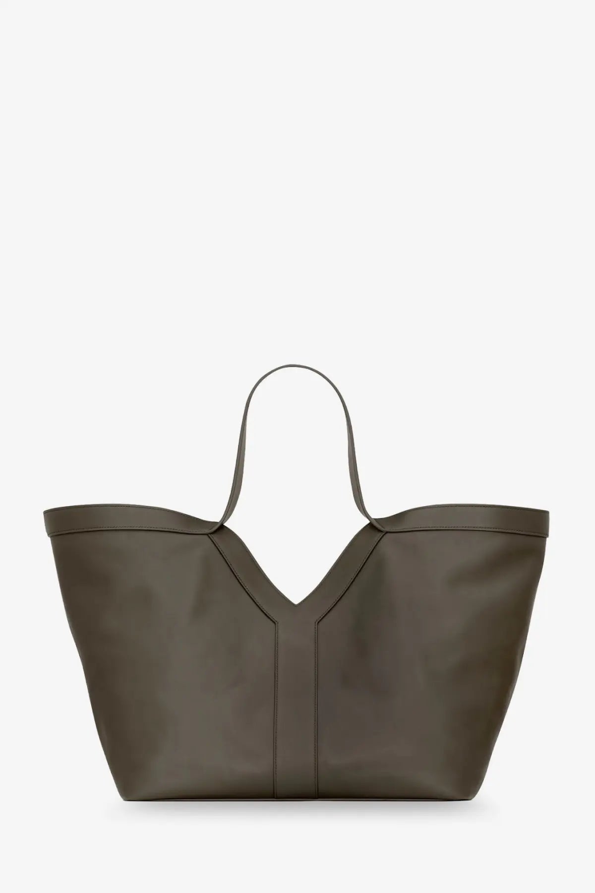 Saint Laurent women’s olive green leather tote bag with v-shaped front seam and slender handles for shoulder use
