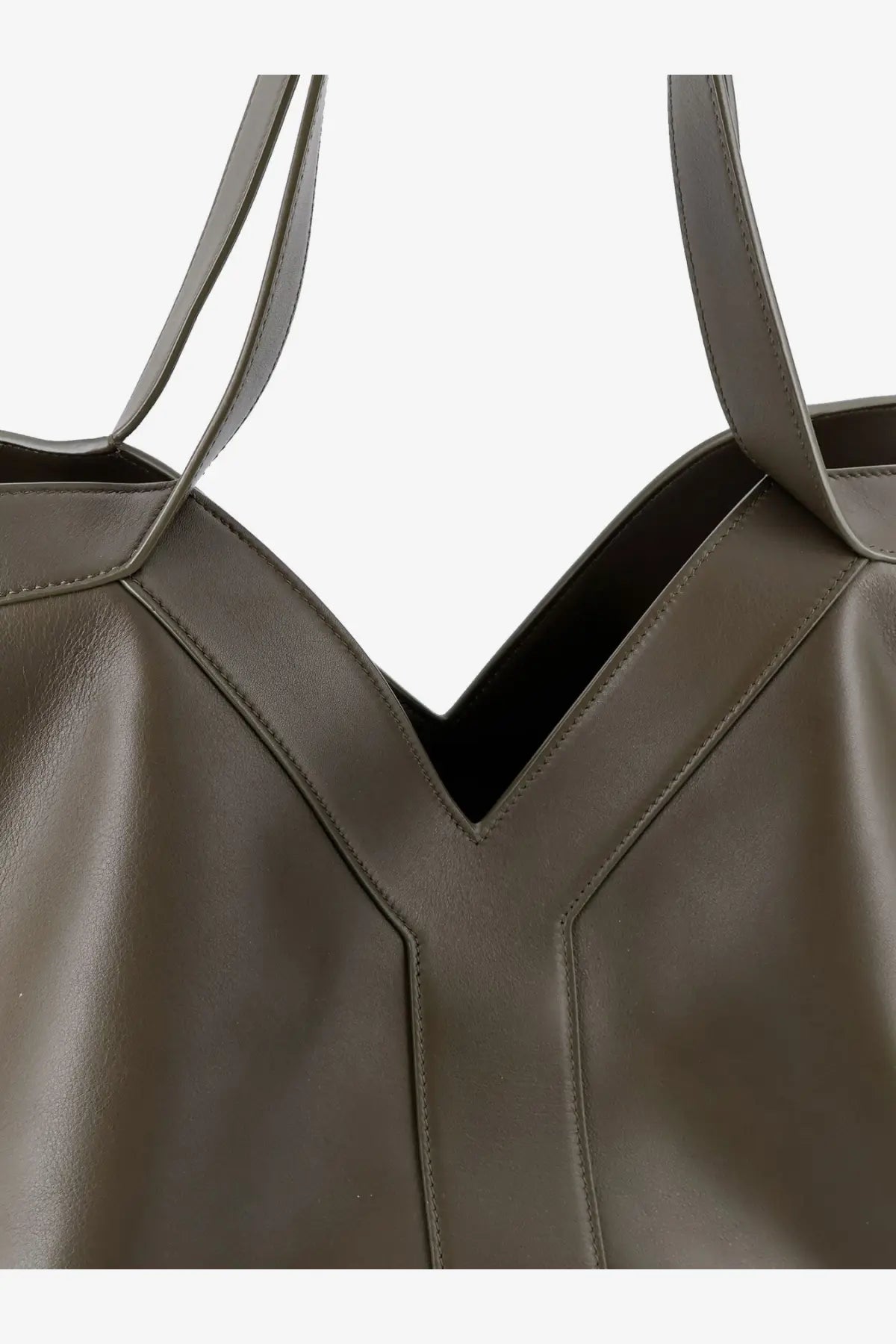 Saint Laurent women’s olive green leather tote bag with structured y-shaped stitching and minimalist design