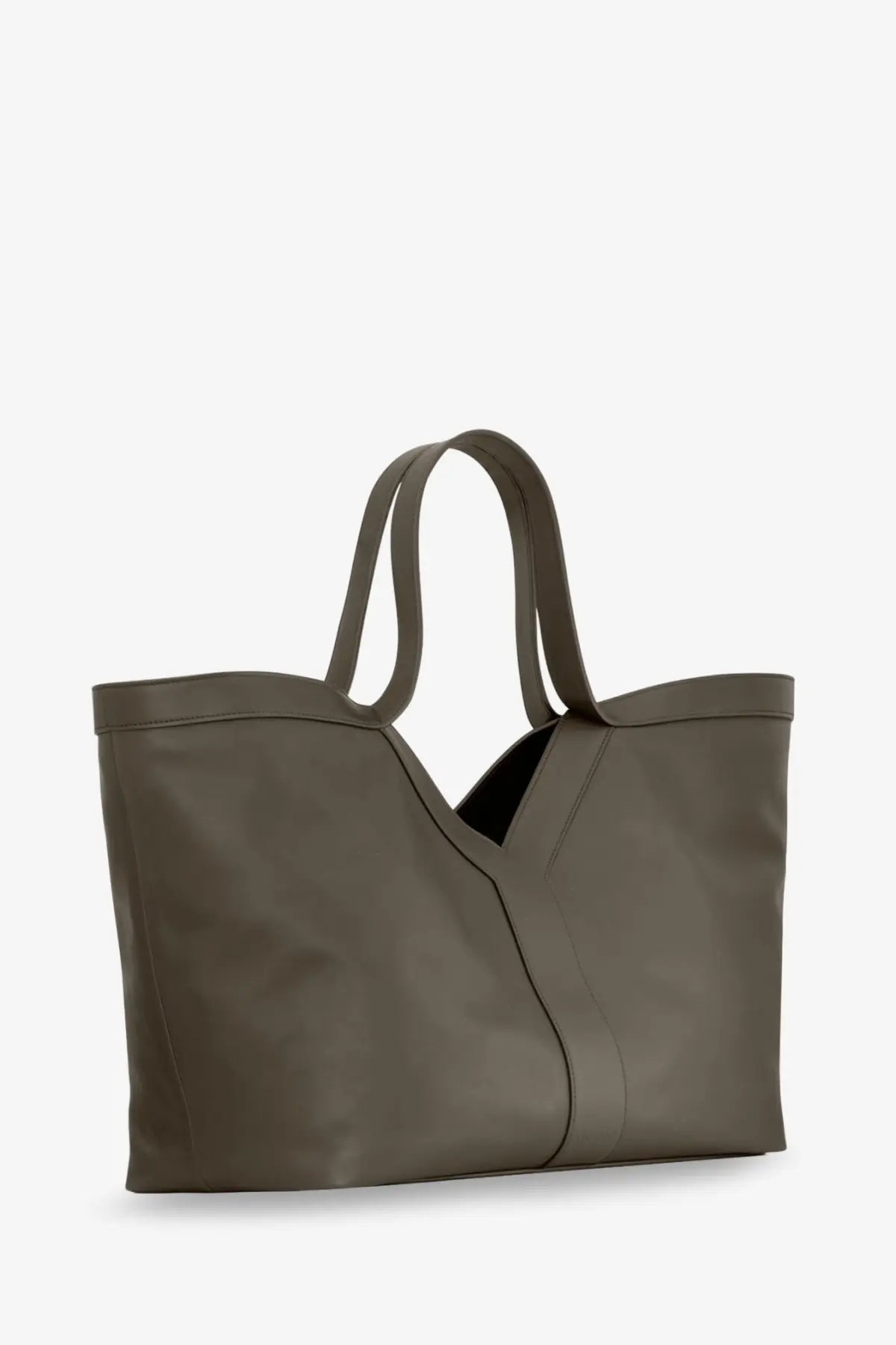 Saint Laurent women’s tote green hammered leather shoulder bag with olive green leather structured handles and minimalist design