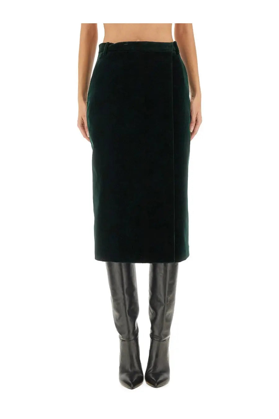 Saint Laurent Women's Velvet Crossover Midi Skirt Green
