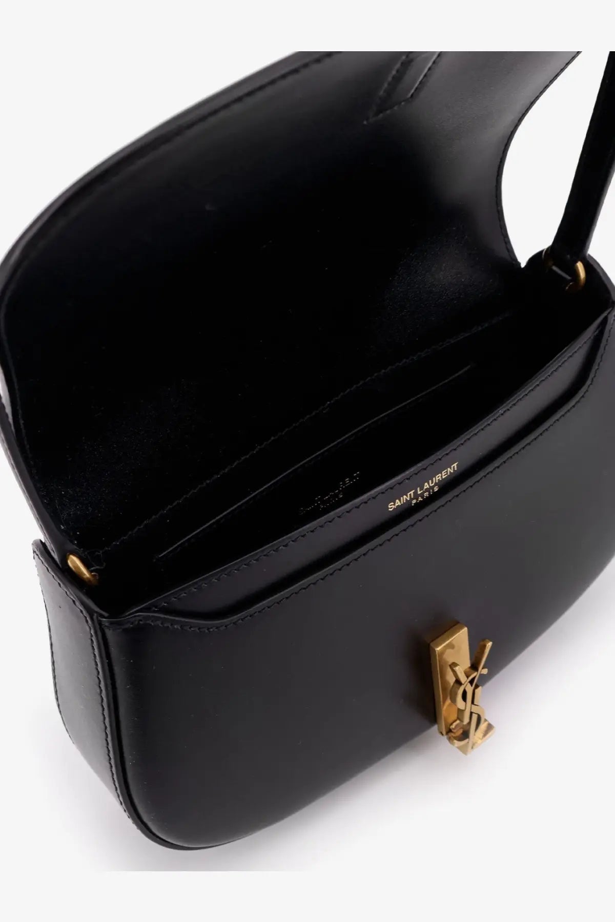 Saint Laurent women’s Voltaire mini shoulder bag in black leather with gold-tone YSL clasp