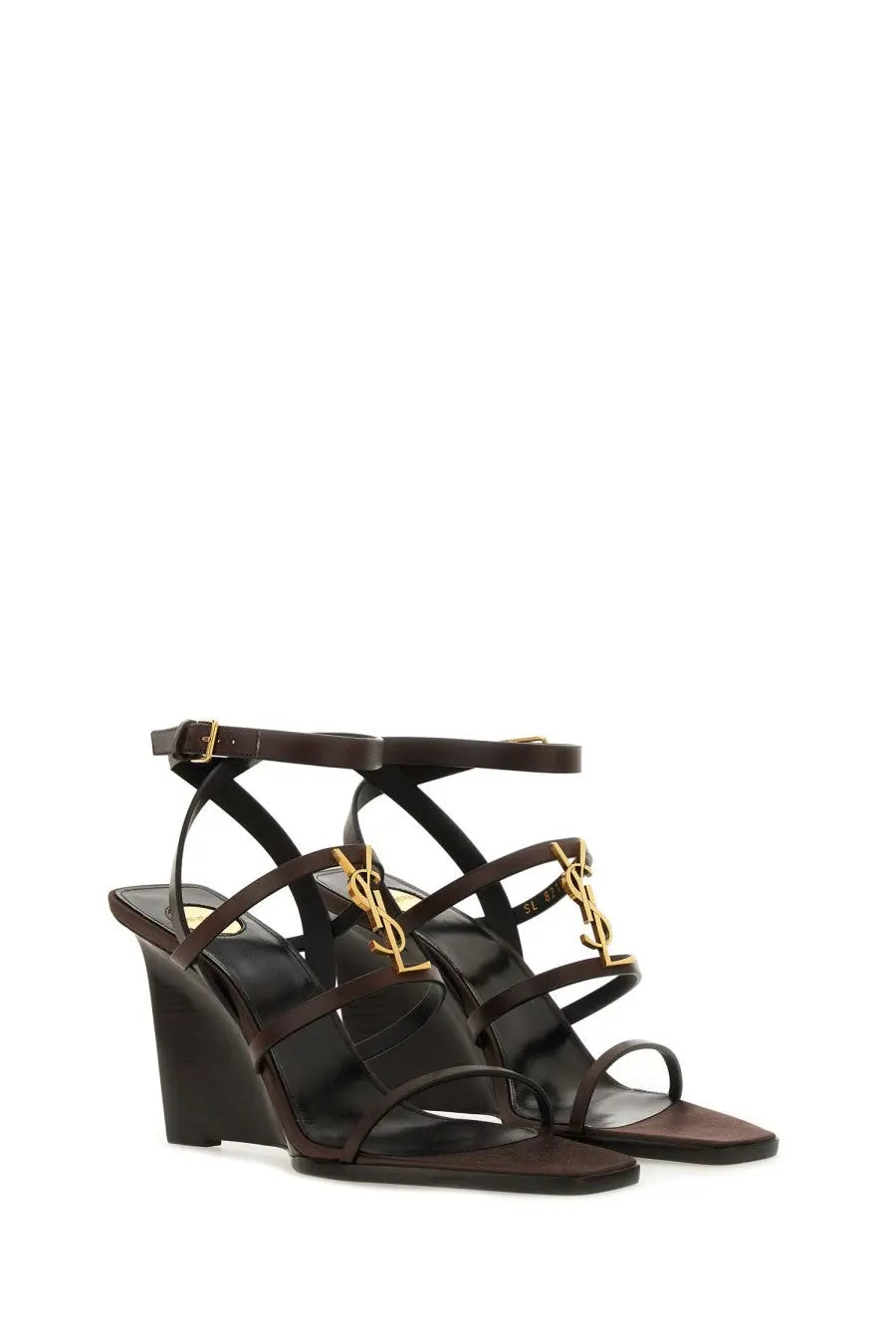 Saint Laurent women’s black leather wedge cassandras sandals with gold-tone ysl logo accents and wedge heel