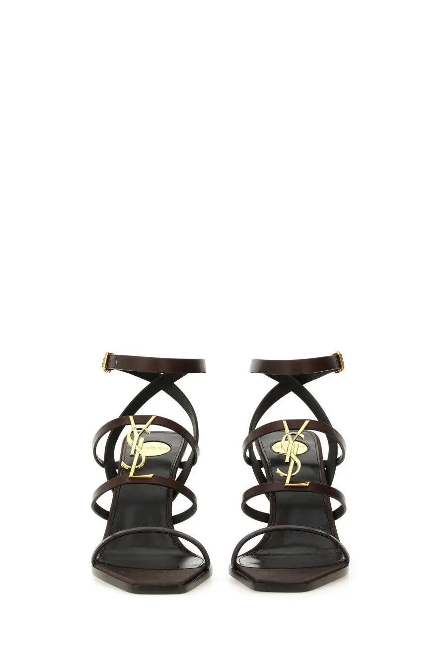 Saint Laurent women’s wedge Cassandras black leather sandals with strappy design and gold-tone YSL logo embellishments