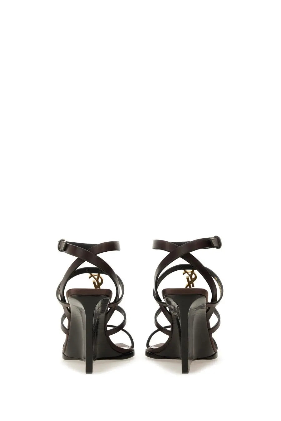 Saint Laurent women’s wedge cassandras black patent leather strappy high heels with gold-tone ysl logo on the heel back view
