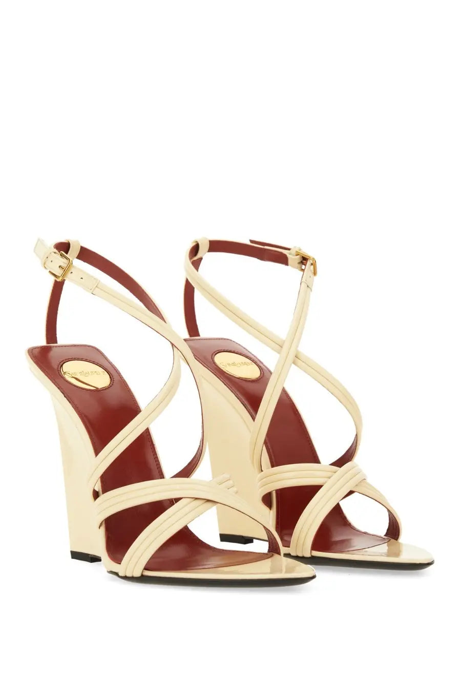 Saint Laurent women’s wedge sandal beige cream and burgundy leather strappy design with gold-tone hardware