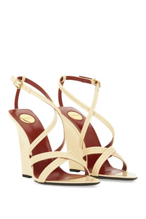 Saint Laurent women’s wedge sandal beige cream and burgundy leather strappy design with gold-tone hardware
