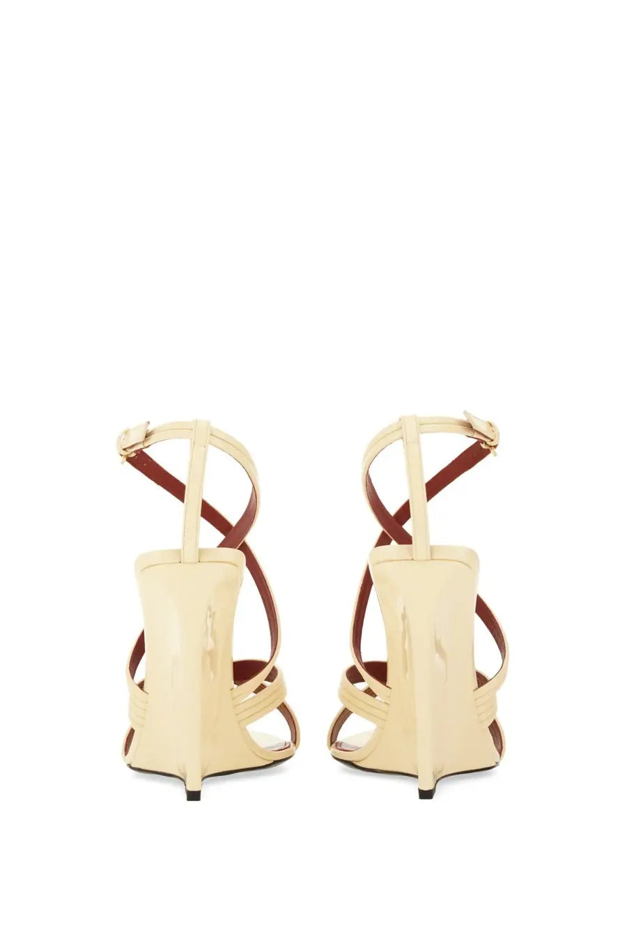 Saint Laurent women’s wedge sandal beige in cream patent leather with brown straps and a modern high-heel design