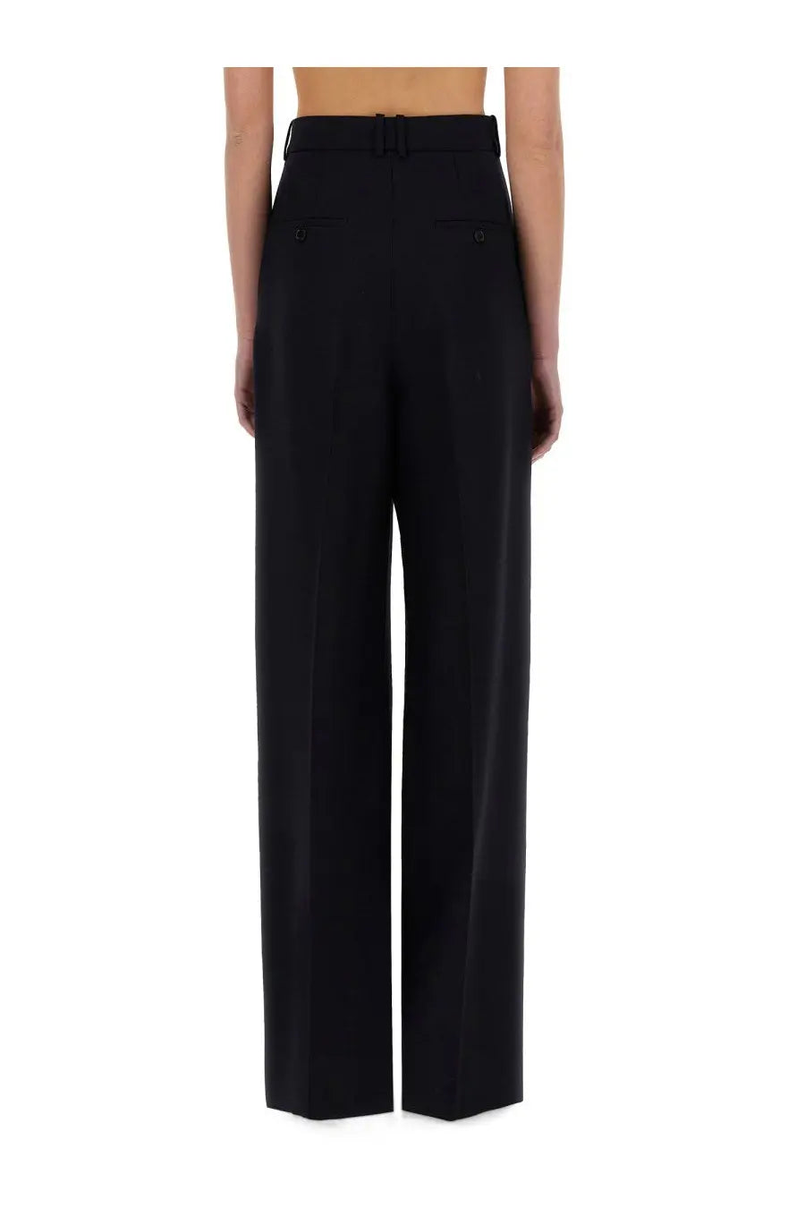 Saint Laurent women’s wide leg pants in grain de poudre blue with a sleek tailored fit and subtle front pockets