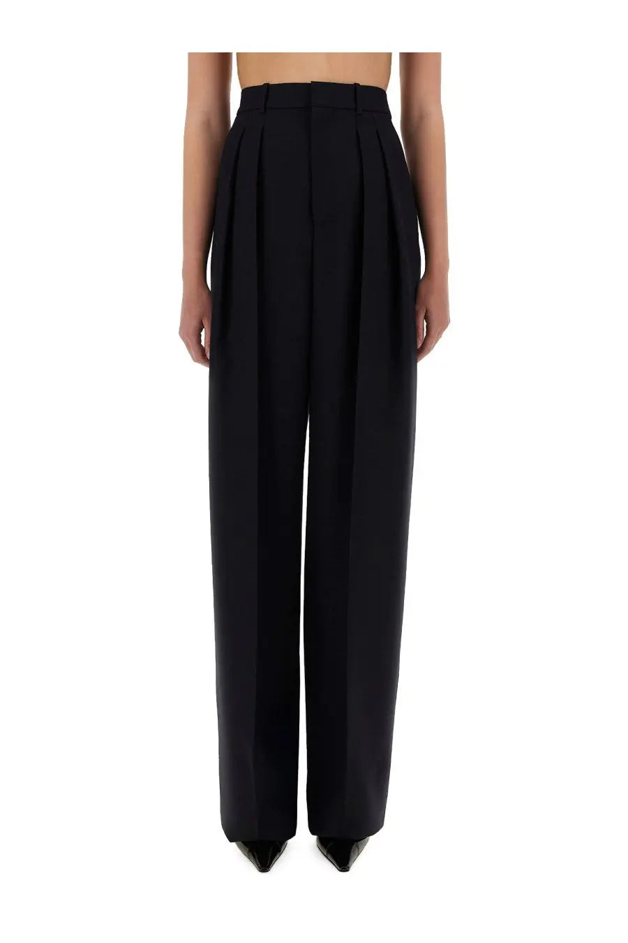 Saint Laurent women’s wide leg pleated trousers in grain de poudre blue with a sleek, tailored high-waisted design