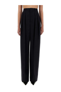 Saint Laurent women’s wide leg pleated trousers in grain de poudre blue with a sleek, tailored high-waisted design