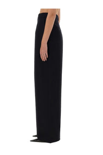 Saint Laurent women’s wide leg pants in grain de poudre blue featuring black high-waisted wide-leg minimalist trousers