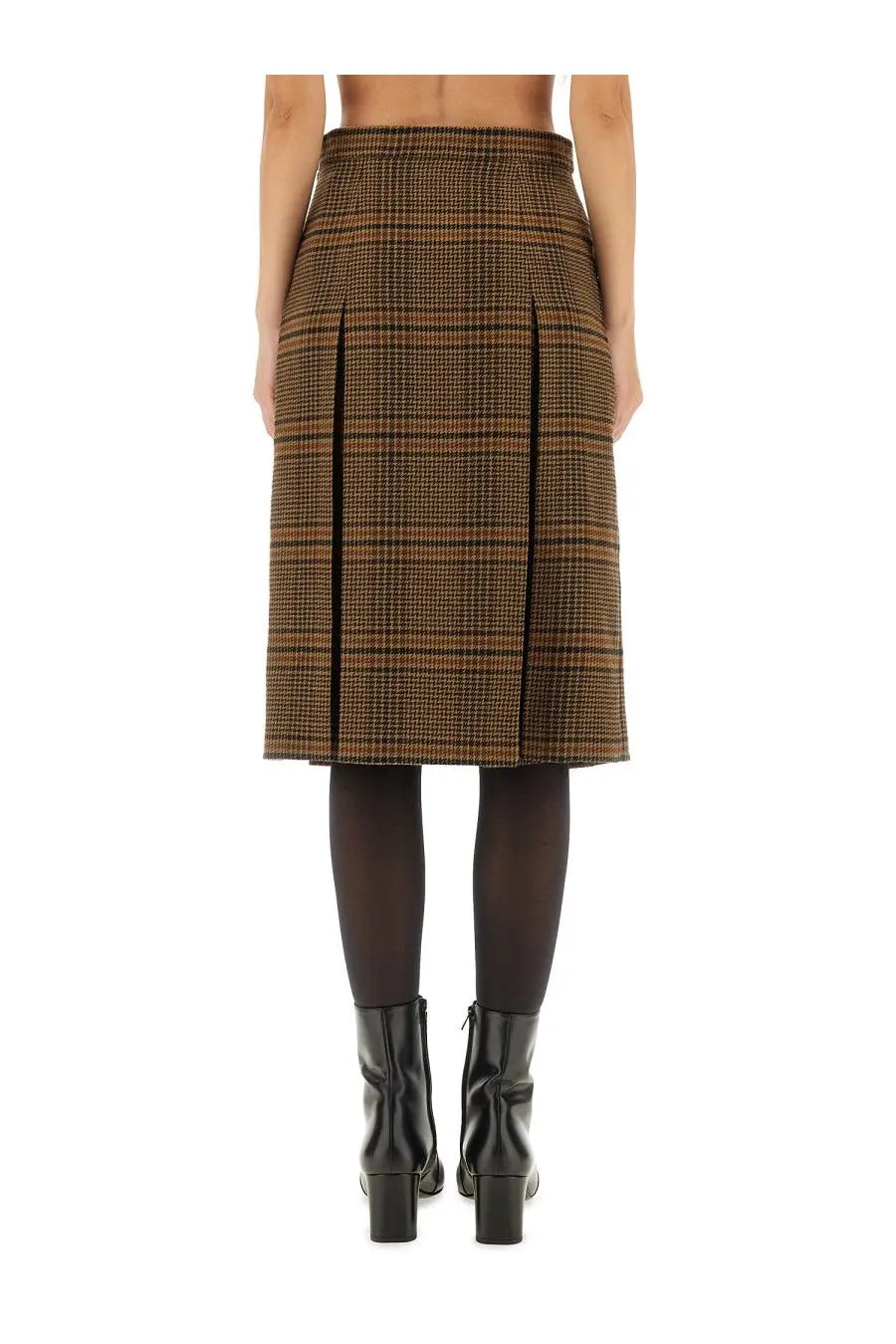 Saint Laurent women’s wool and cashmere midi skirt in beige with brown and black plaid pleated design