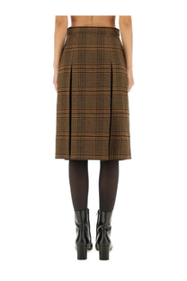 Saint Laurent women’s wool and cashmere midi skirt in beige with brown and black plaid pleated design