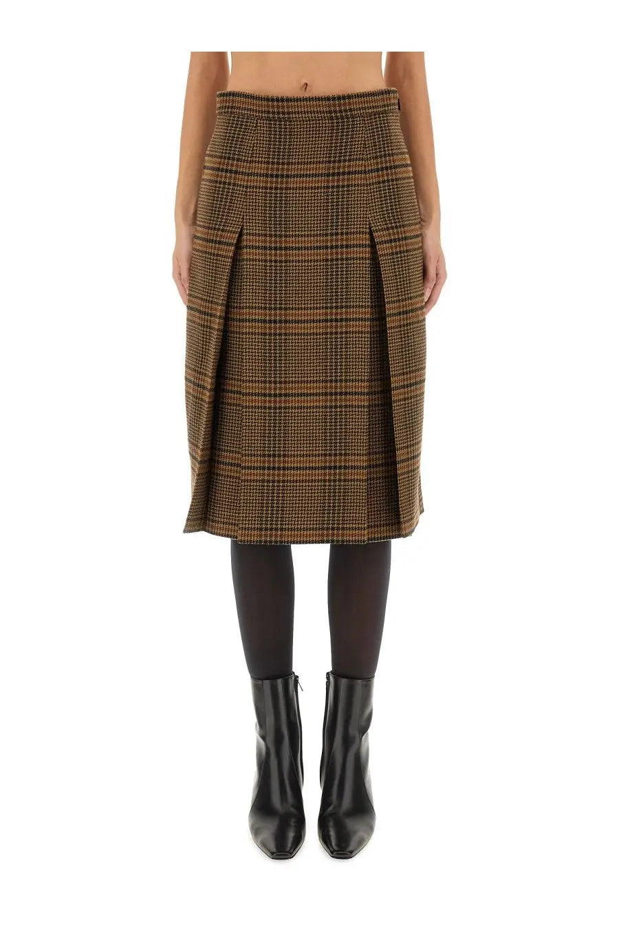 Saint Laurent women’s wool and cashmere midi skirt beige with brown and black plaid pleated design