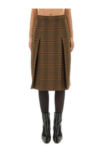 Saint Laurent women’s wool and cashmere midi skirt beige with brown and black plaid pleated design