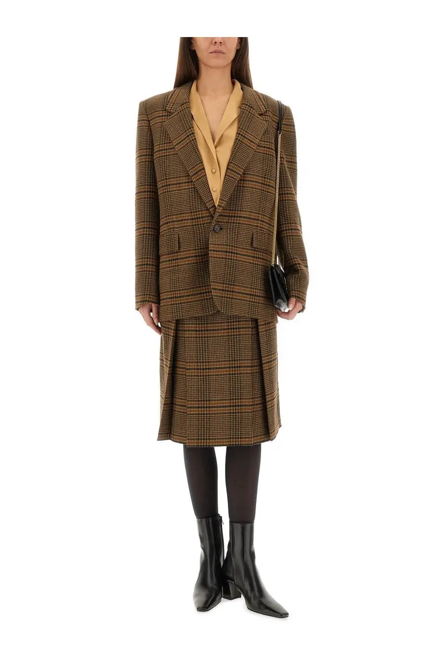 Brown and beige plaid wool blazer with matching pleated midi skirt from saint laurent in wool and cashmere blend
