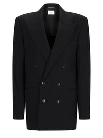 Saint Laurent Women's Wool Mélange Gessata Double-Breasted Jacket Black