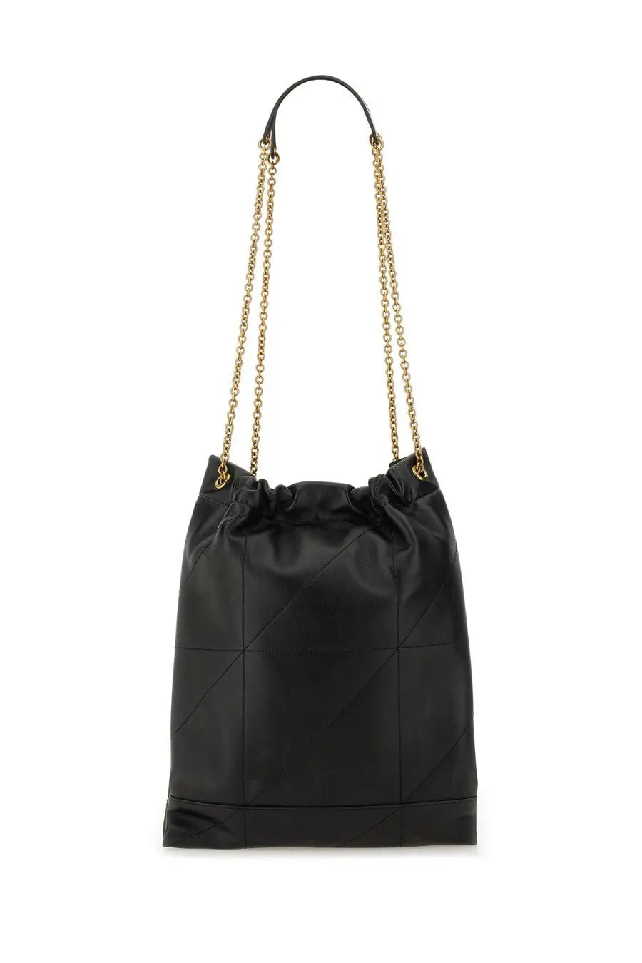 Saint Laurent women’s Ysl Bo Jamie Pochon 7agneau black leather bucket bag with gold chain strap and quilted panel design