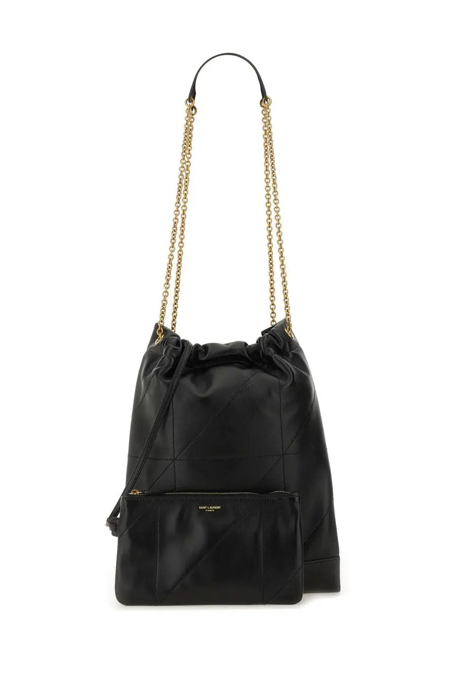 Saint Laurent women’s YSL Bo Jamie Pochon black quilted leather bucket bag with gold chain strap and matching pouch