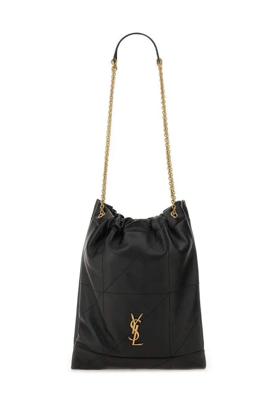Saint Laurent women’s Ysl bo Jamie Pochon 7agneau black quilted leather bucket bag with gold-tone logo and chain strap