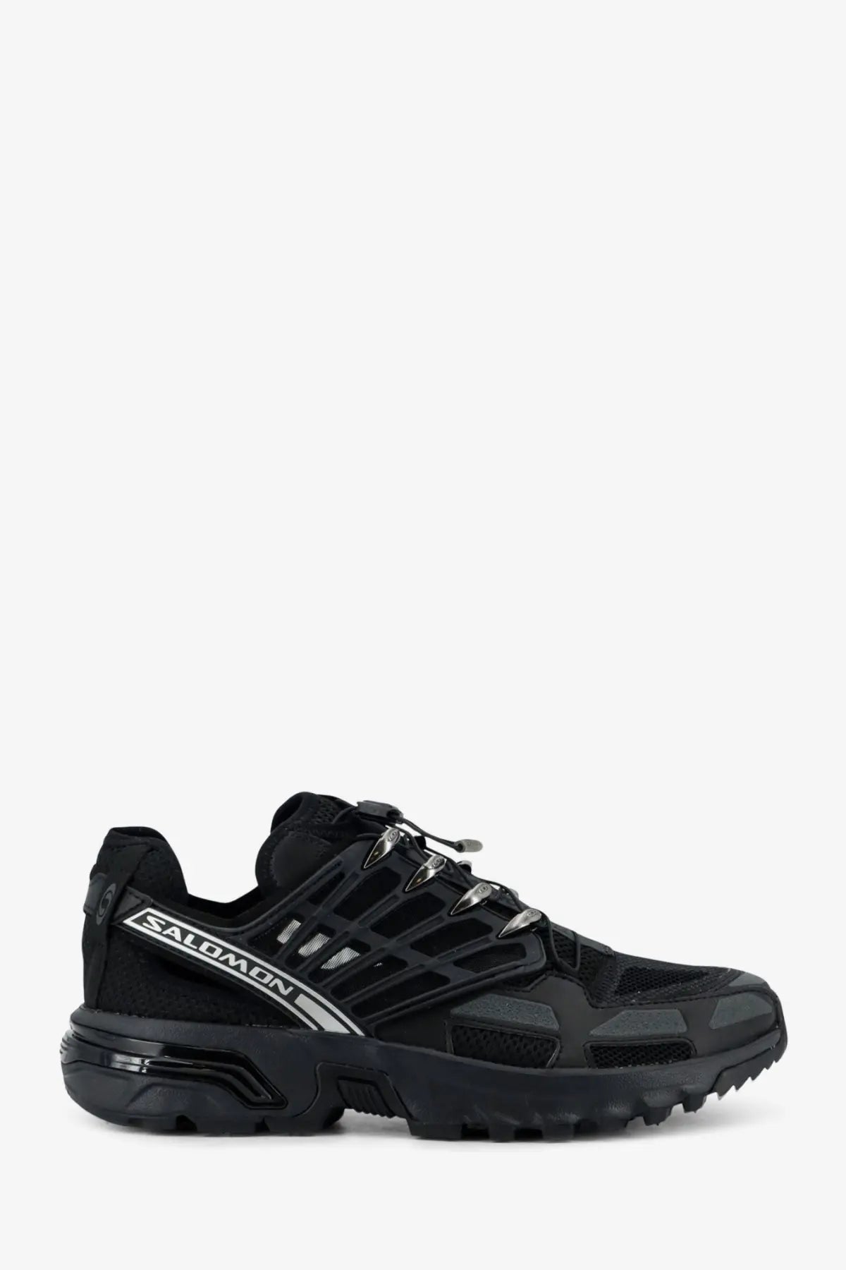Salomon men’s acs pro shell mesh sneakers black with sleek mesh upper and bold silver branding accents for trail running