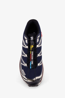 Salomon men’s nylon navy blue xa 3d trail running shoe with white black accents colorful lacing and bold branding