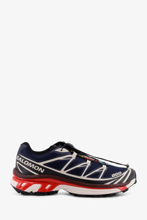 Salomon men’s nylon sneakers in navy blue white and red with a sleek design and bold geometric patterns