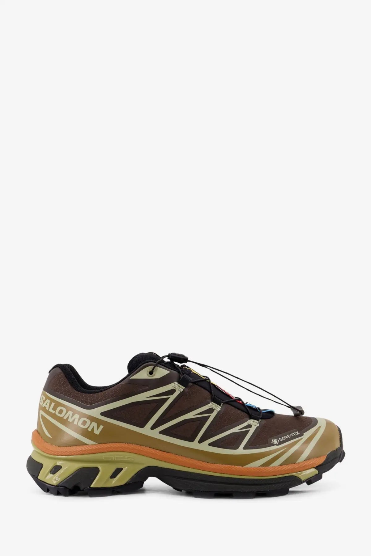 Salomon men’s nylon sneakers brown with brown and olive-green gore-tex trail running shoe and rugged outsole