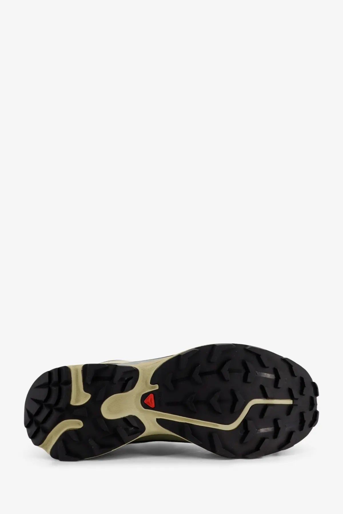 Back view of salomon men’s technical fabric trail running shoe in black and beige with rugged outsole and red logo