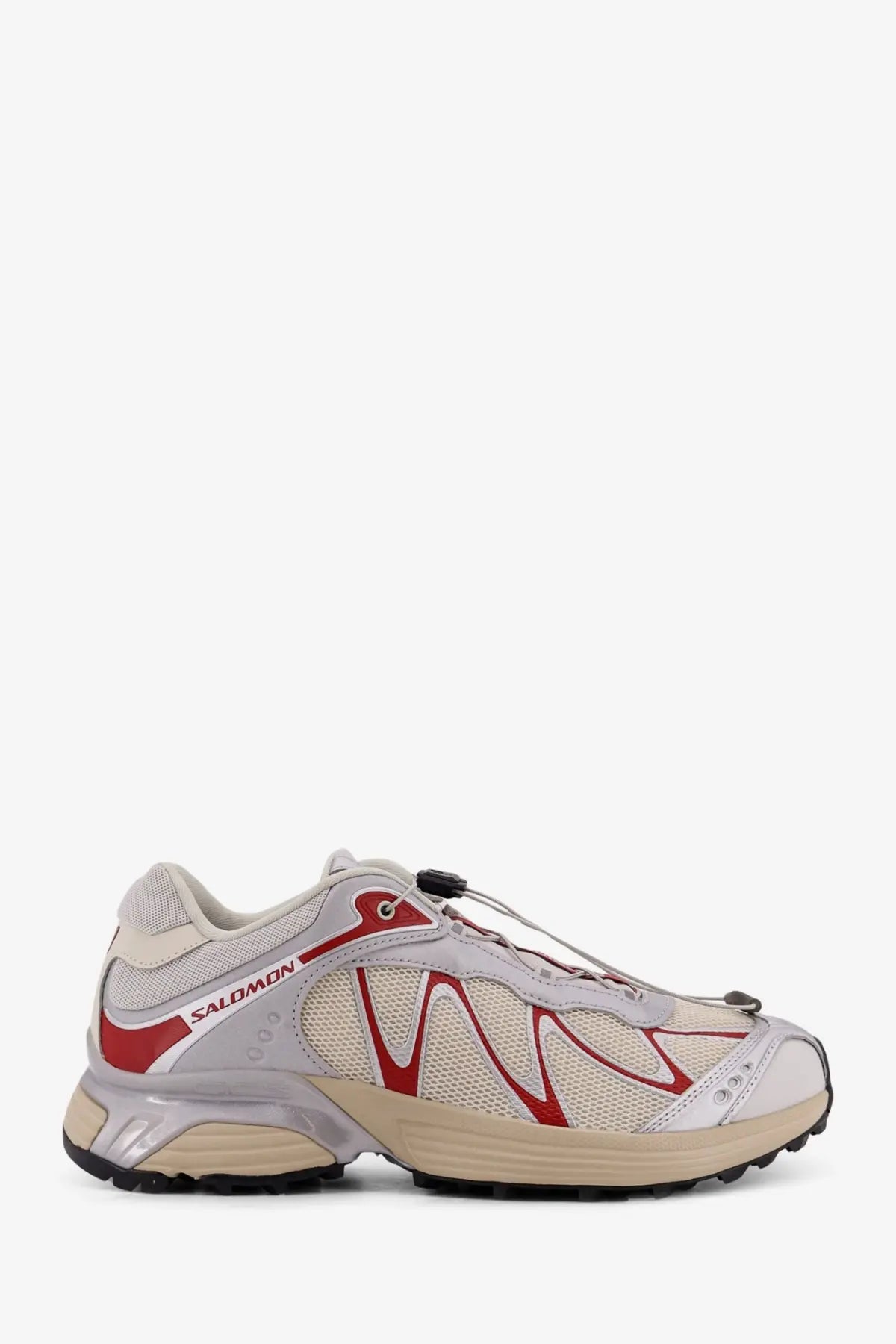 Salomon men’s xt whisper mesh sneakers in silver with white and red mesh upper and durable rubber sole for running