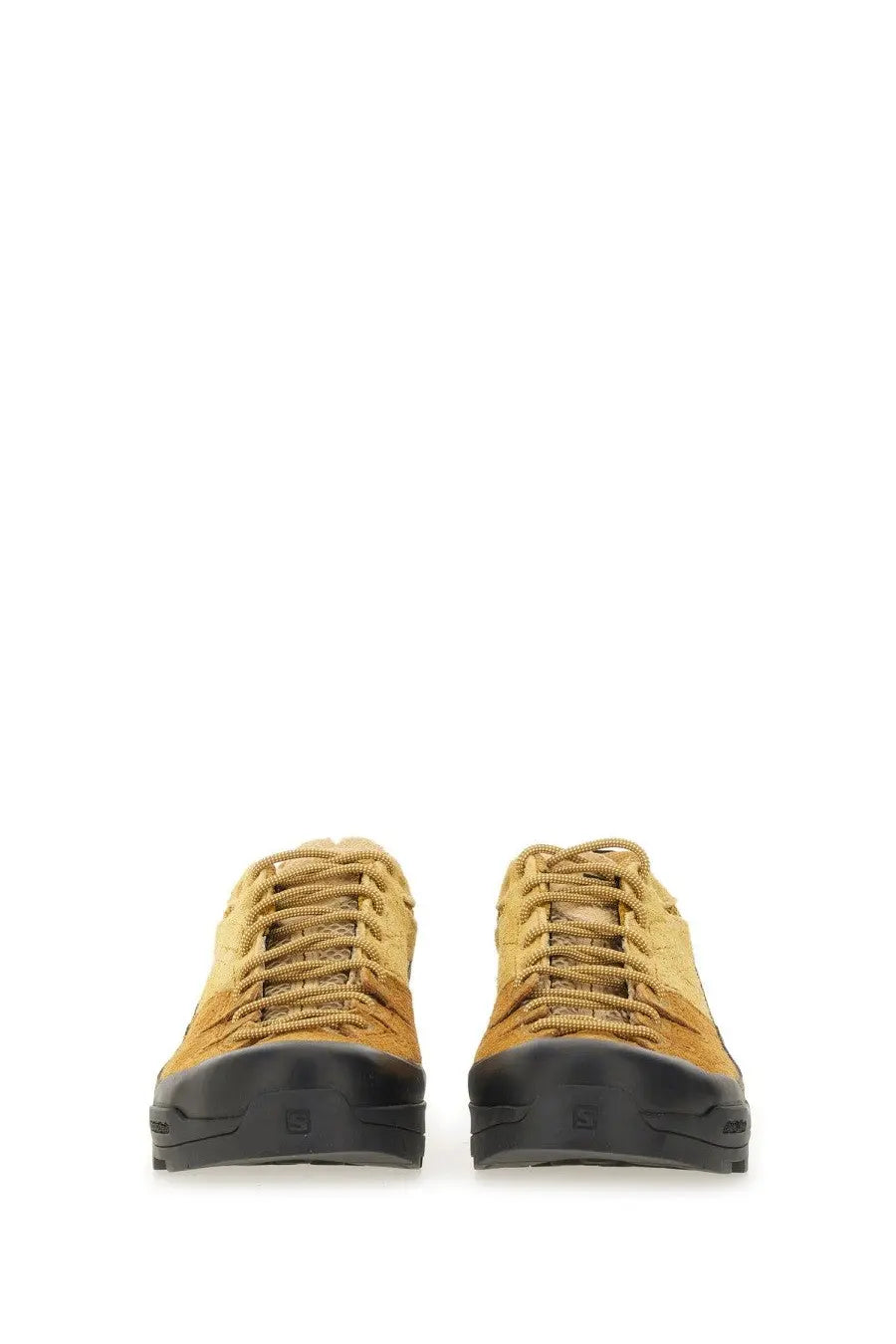 Salomon unisex alp sneaker beige featuring tan suede upper black rubber soles and matching tan laces