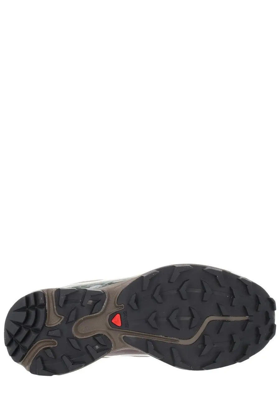 Back view of salomon unisex sneaker xt brown showing black and gray rubber outsole with red triangular logo on heel