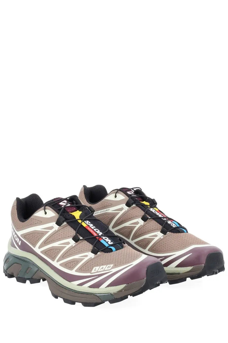 Salomon unisex sneaker XT brown trail running shoe in muted taupe and burgundy with black laces and rainbow stripe detail