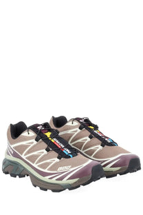 Salomon unisex sneaker XT brown trail running shoe in muted taupe and burgundy with black laces and rainbow stripe detail