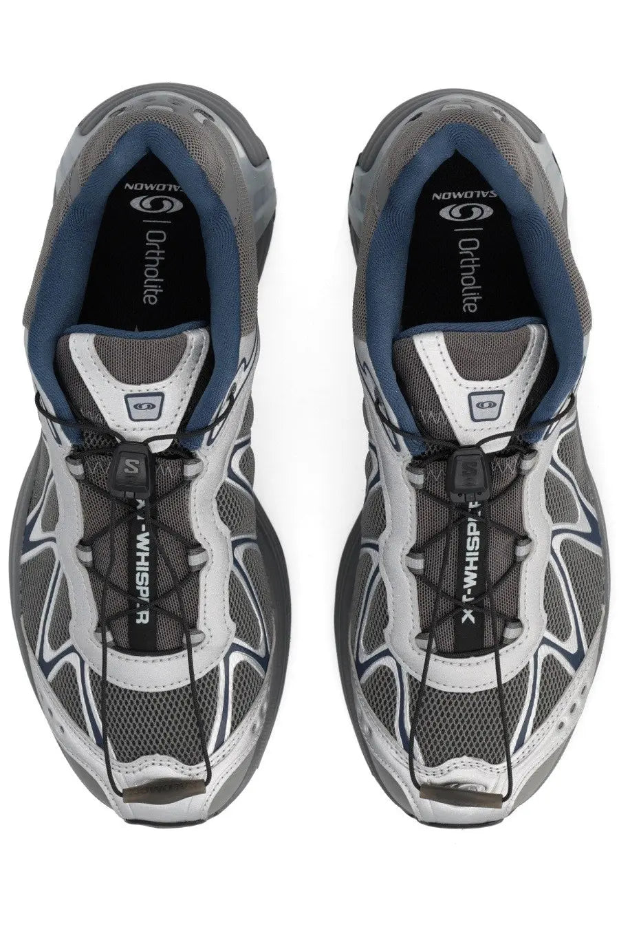 Salomon unisex xt whisper sneaker silver gray and white running shoes with blue accents mesh upper and black laces