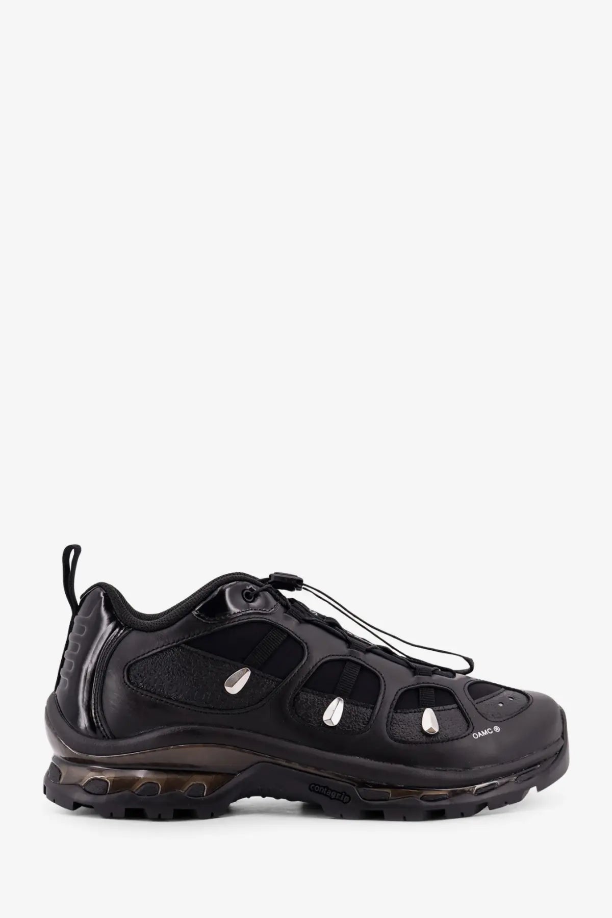 Salomon X Oamc men’s black athletic sneaker with glossy synthetic upper mesh panels and silver metallic eyelets