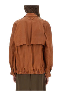 Salvatore Santoro women’s beige leather jacket shown from back with rust-colored double-layered design and elasticated cuffs