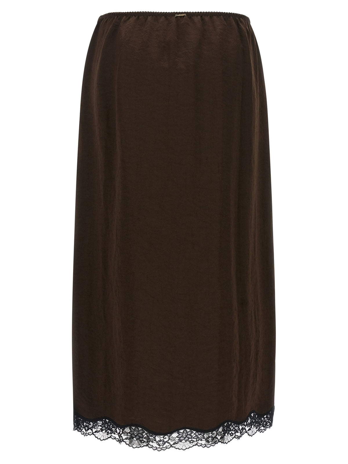 TWINSET Satin Froissé and Lace Skirt Brown, view 2