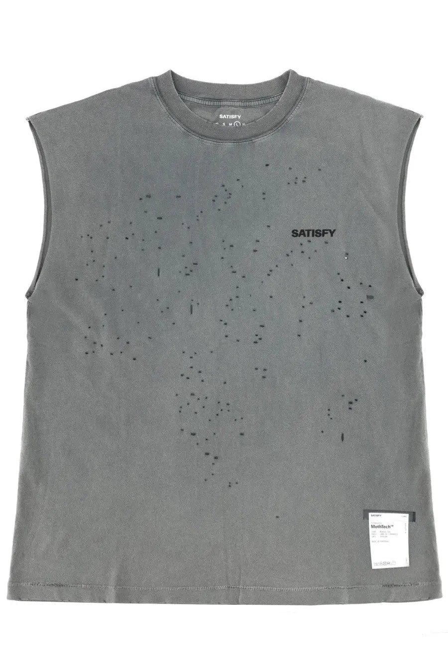 A gray sleeveless t-shirt with a distressed black pattern and satisfy printed on the chest for men