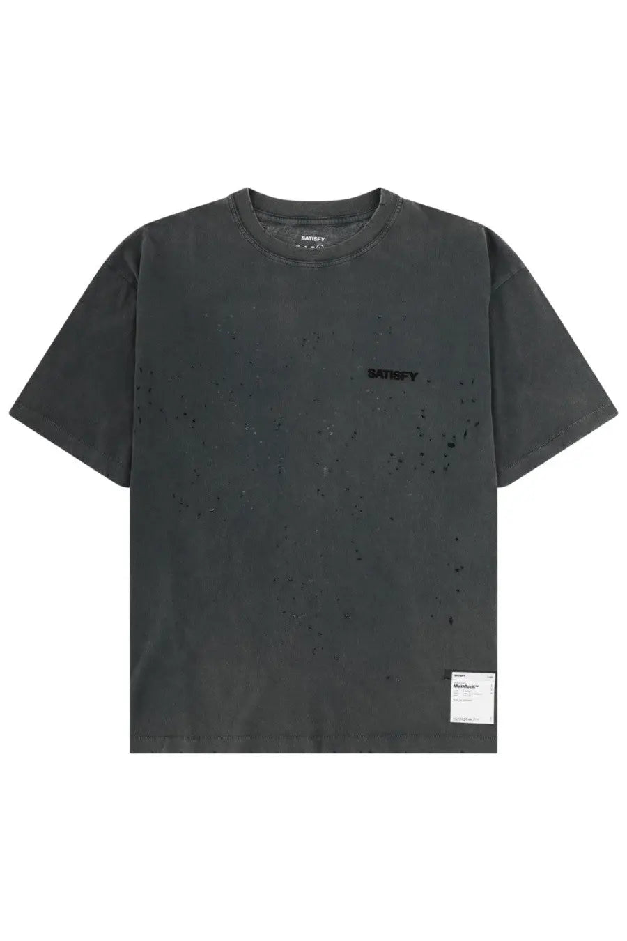 Satisfy men’s con black dark gray distressed cotton t-shirt with black splatter paint and small logo on chest