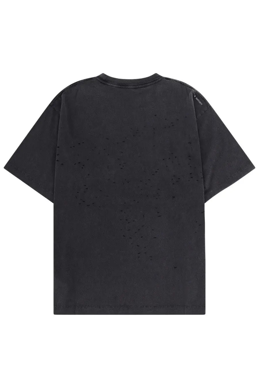 Black distressed cotton satisfy men’s shirt con black showing the back with faded texture and subtle perforations