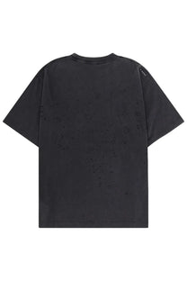 Black distressed cotton satisfy men’s shirt con black showing the back with faded texture and subtle perforations