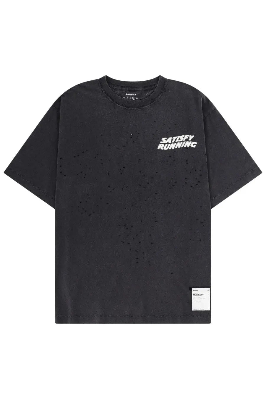 Satisfy men shirt con black short-sleeved t-shirt with white satisfy running text and distressed perforated details