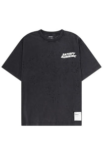 Satisfy men shirt con black short-sleeved t-shirt with white satisfy running text and distressed perforated details