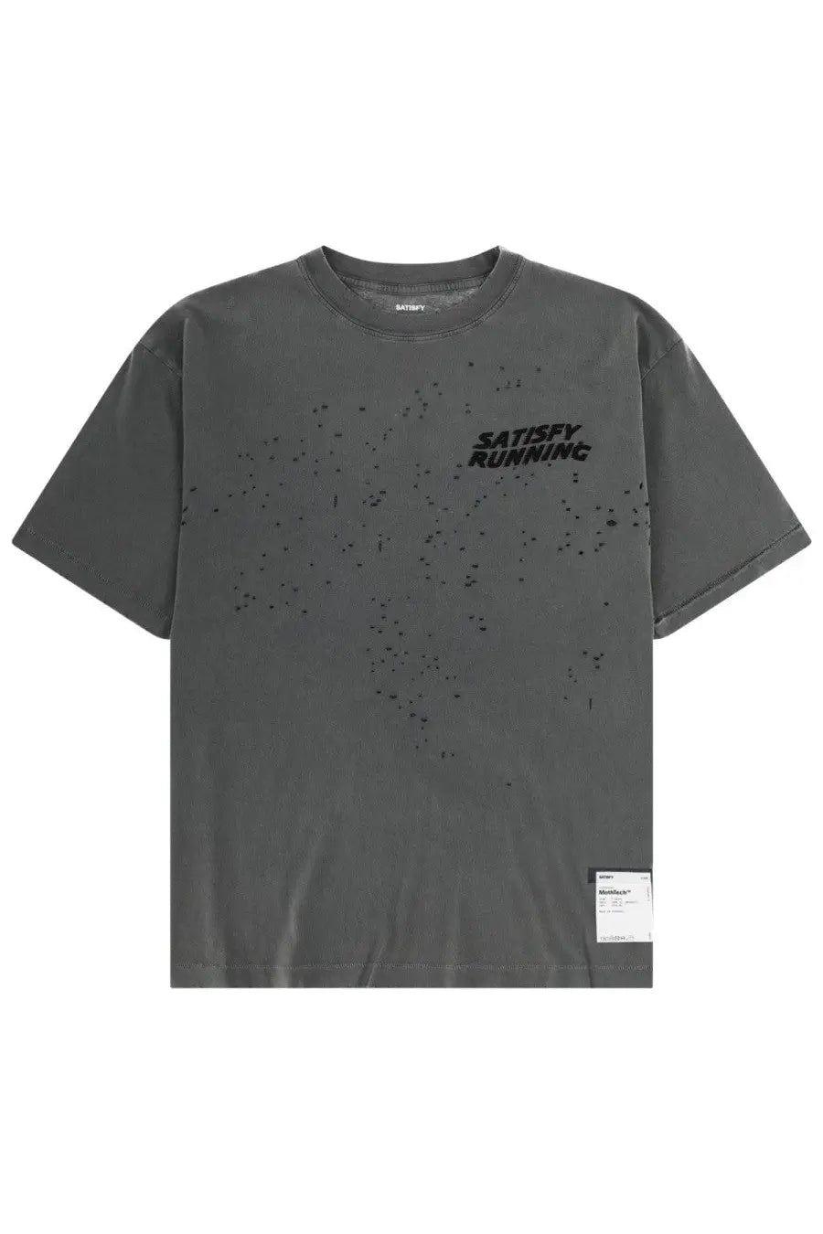 Dark gray slightly distressed cotton t-shirt with black satisfy running graphic and speckled texture for men