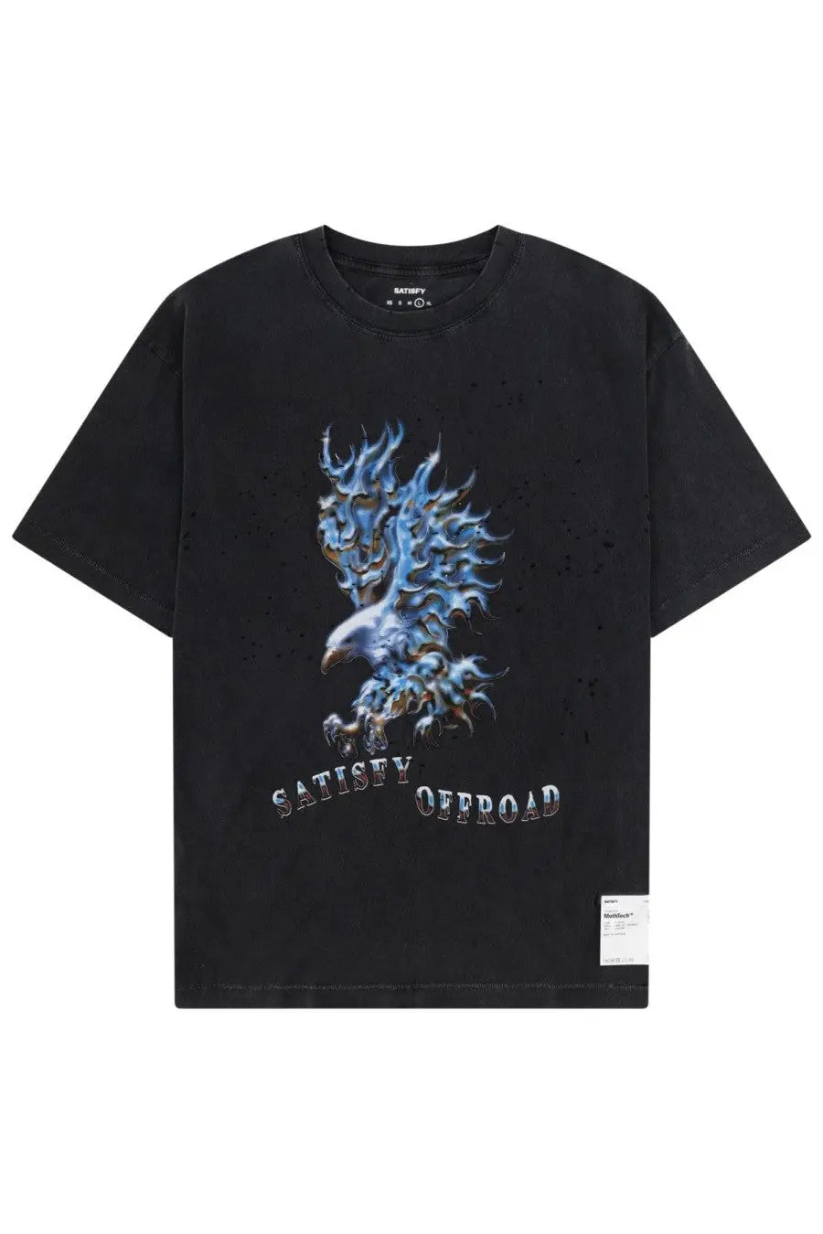 Black cotton satisfy men’s t-shirt with detailed blue and silver eagle graphic and satisfy offroad text on front