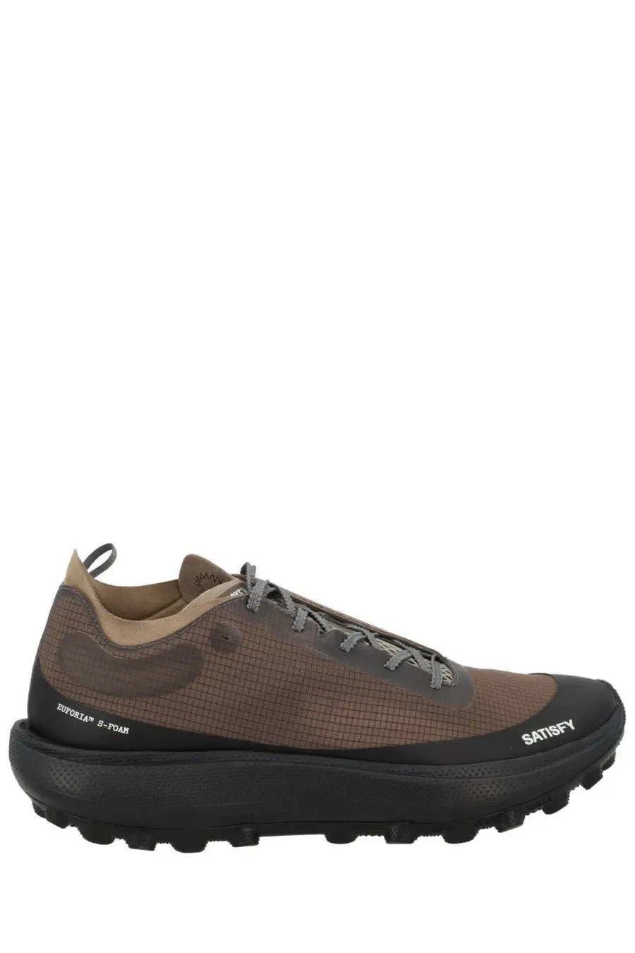 Satisfy men’s sneaker therocker brown trail running shoe with brown and black mesh upper and rubber outsole