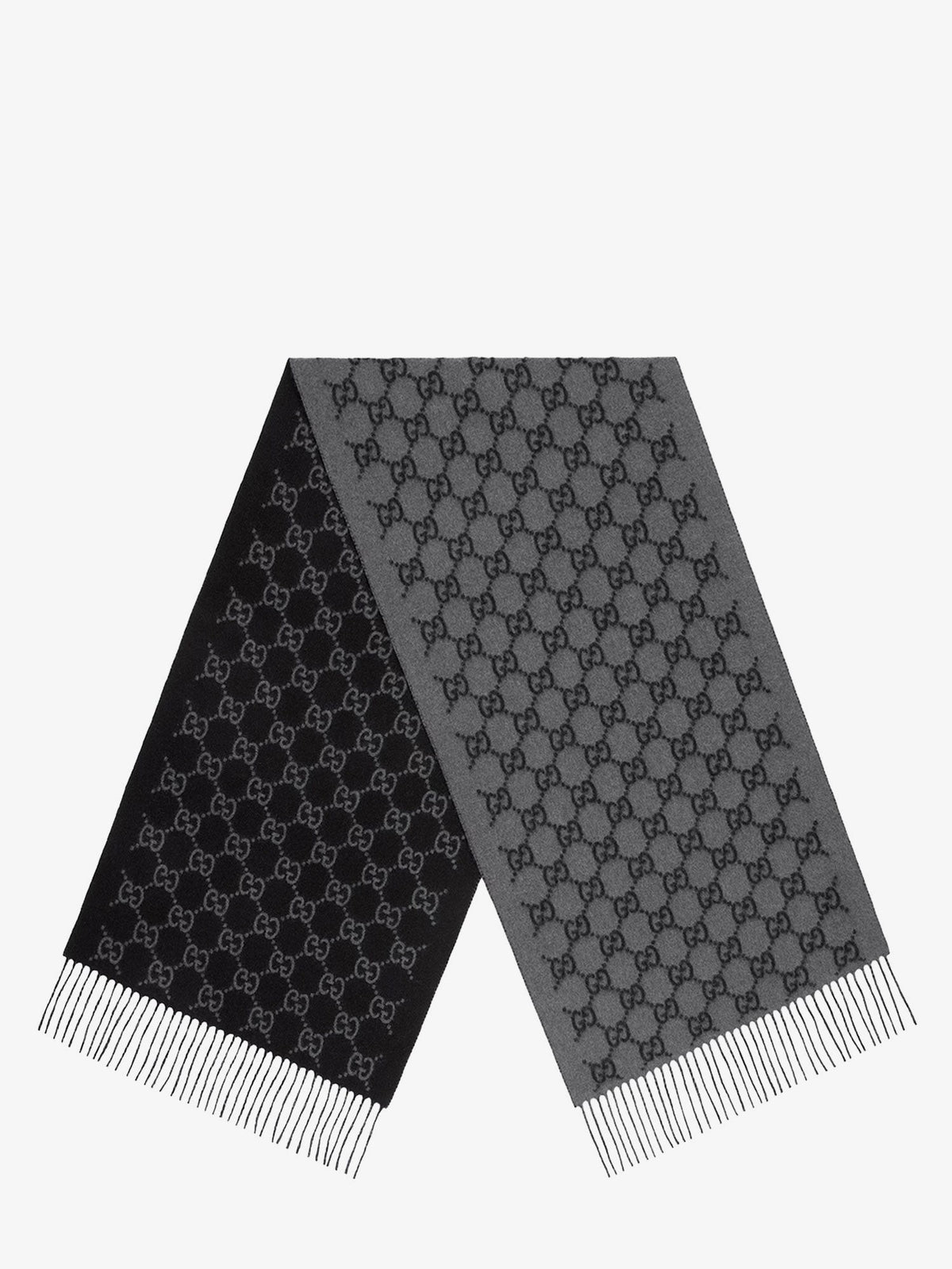 Gucci Men's Fringed Jacquard Cashmere GG Impreziosita Finiture Realizzata Scarf Black